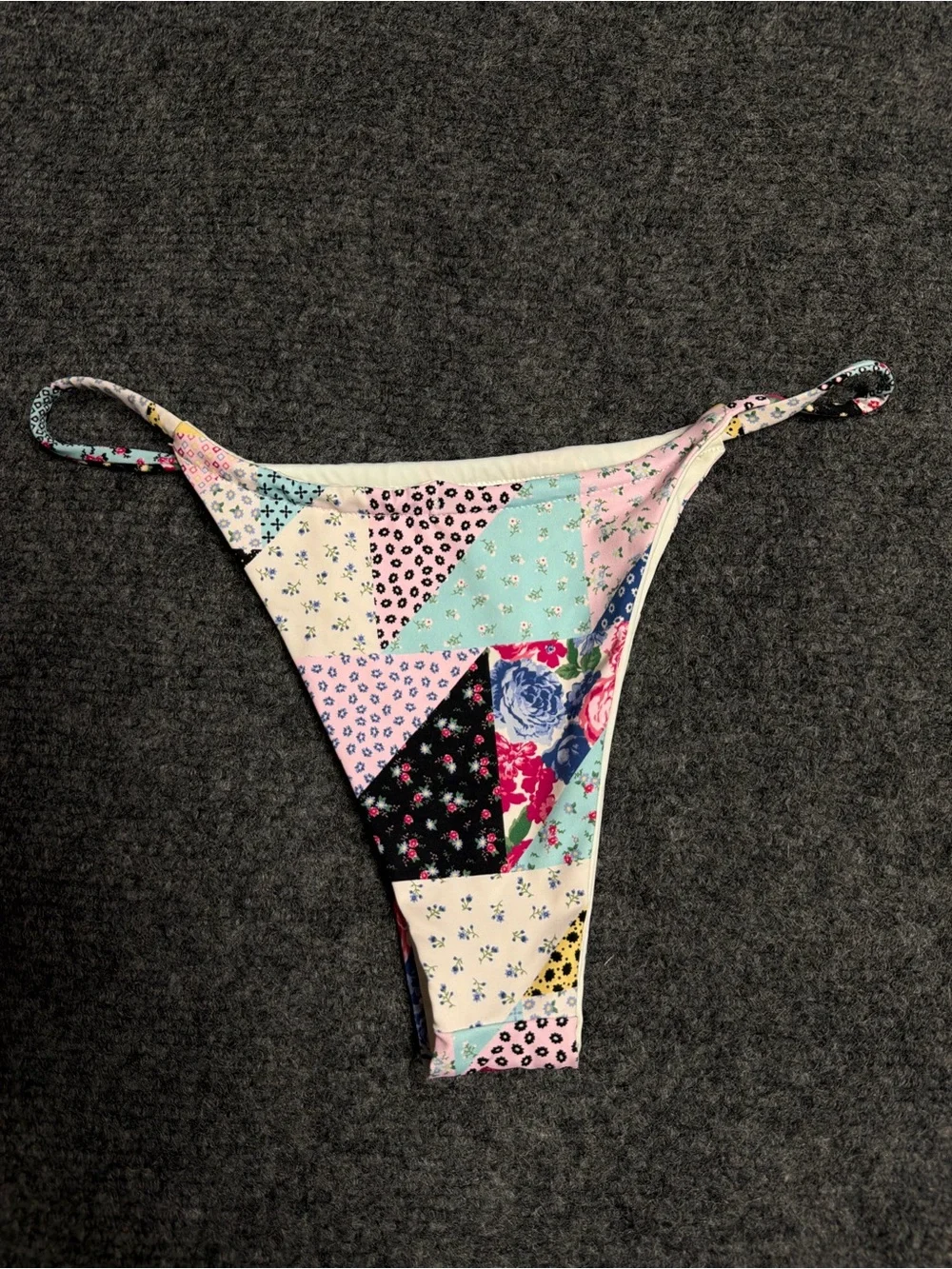 Frankies Patchwork Triangle Thong Bikini Bottom - Multi Floral Print